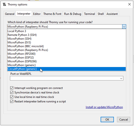 thonny options circuitpython